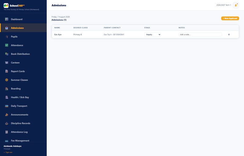 School360 NG Admissions screen showing a prospective pupil moving through inquiry, assessment and offer stages