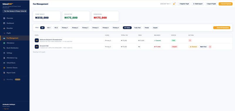 School360 NG Fee Management screen showing per-pupil balances and payment status