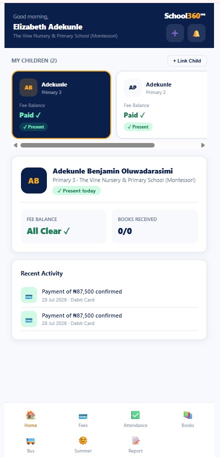 School360 NG parent app showing a child's fee balance and payment options